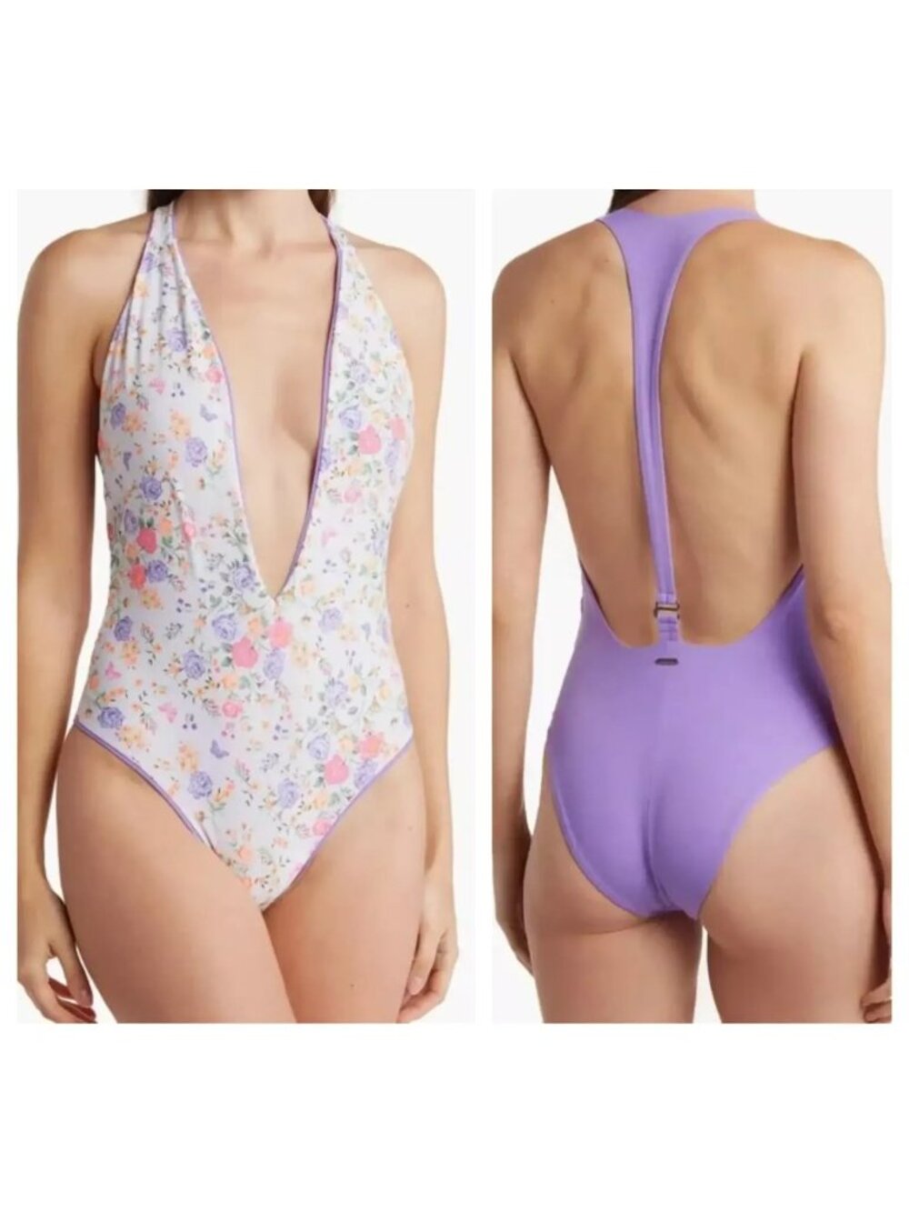 Maaji Lavender Floral Plunge One-Piece Swimsuit